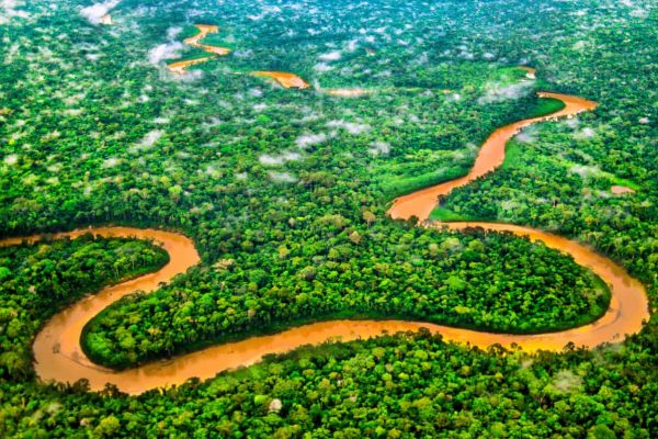 Rivier door het regenwoud van het Tambopata Nationaal Reservaat, Peruaans Amazonegebied