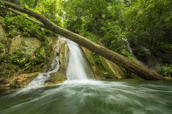 Fließendes Wasser und ein Wasserfall im Projekt Karibikküste Guatemala.