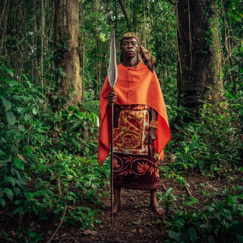 Chief Wilondo Baswa, Customary Chief of the Ntombezale tribe, Lobalu clan, of Mai Ndombe, DRC. The customary Chief is the representative of the ancestors in his community. These clothes reflect ancestral power and are often worn during large traditional ceremonies. The eagle feathers and leopard skin represent ancestral strength, while the red color represents power. Then the ancestral spear or machete represents a warrior. Photo credit: Filip C. Agoo for Wildlife Works Carbon.